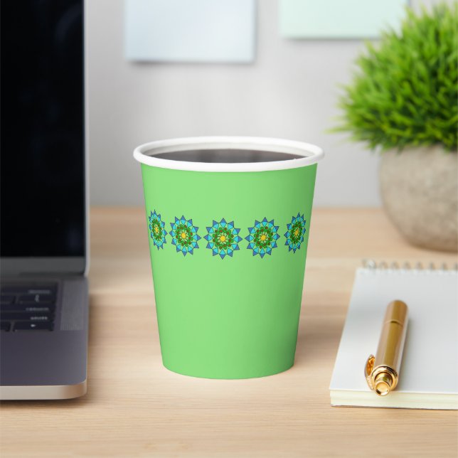 Paper Cup - Colourful Mandalas on Green (Insitu)
