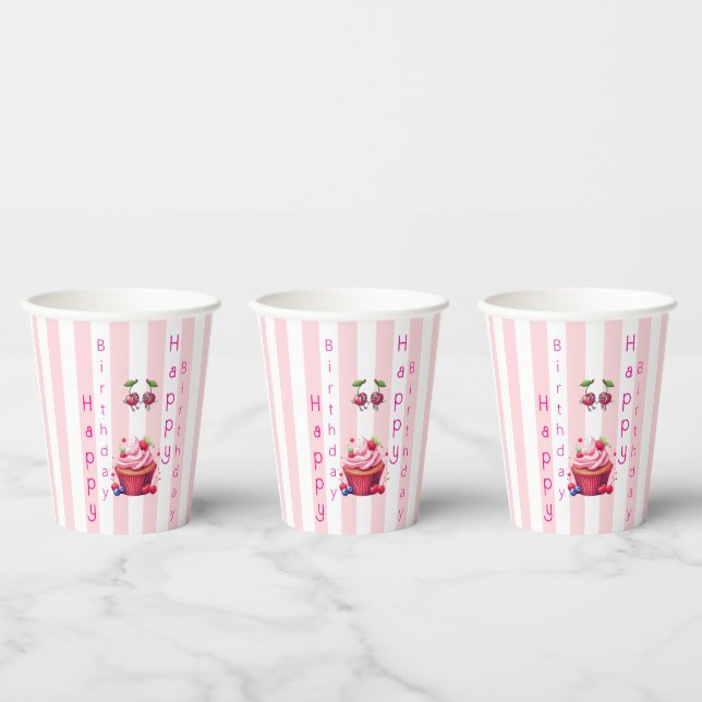 Paper Cup Pink & White Stripe Birthday (Multi)