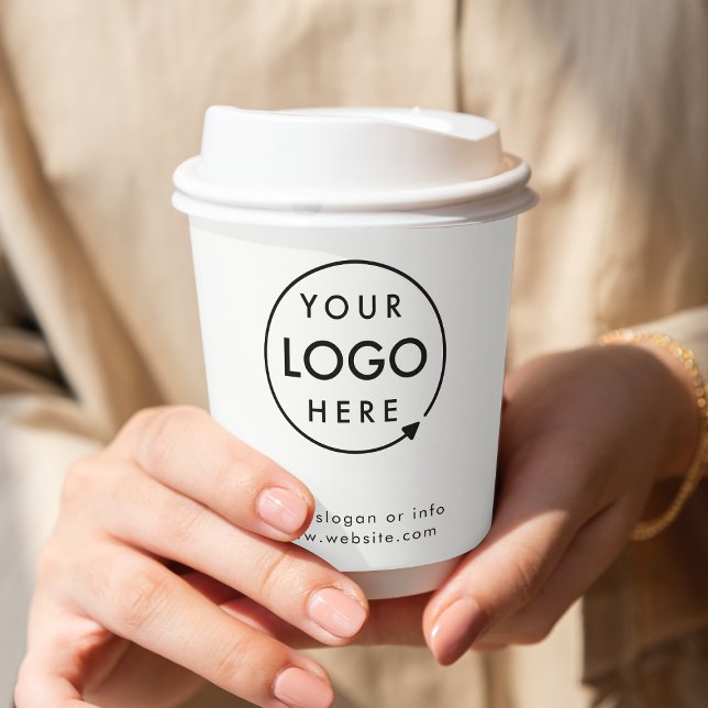 Paper Cups | Business Logo Branded Minimal White (A sleek white branded business 8oz paper cup with optional lid, perfect for cafes and events)