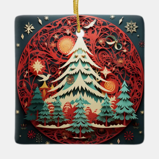 Paper Cut-out Christmas Tree Ceramic Ornament (Front)