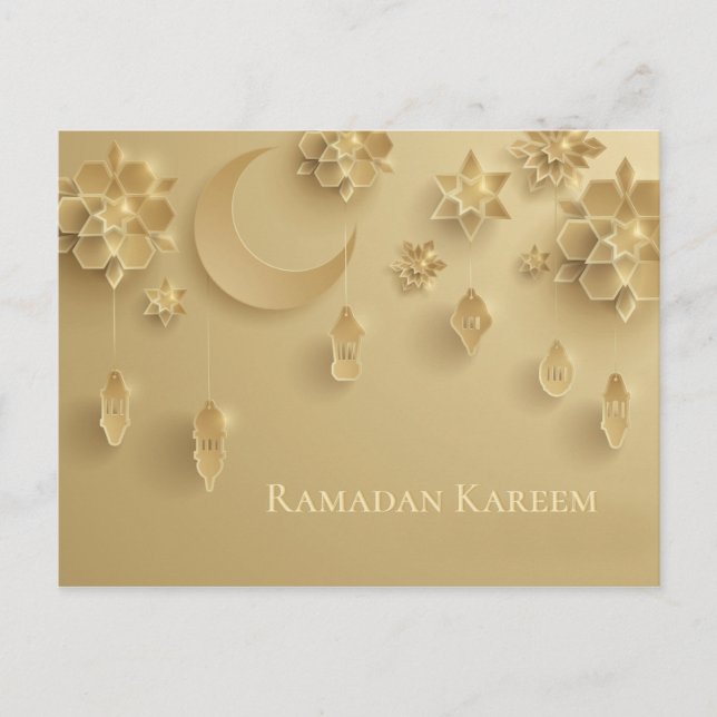 Paper cut Ramadan Lanterns, Moon, Flowers, gold Postcard (Front)