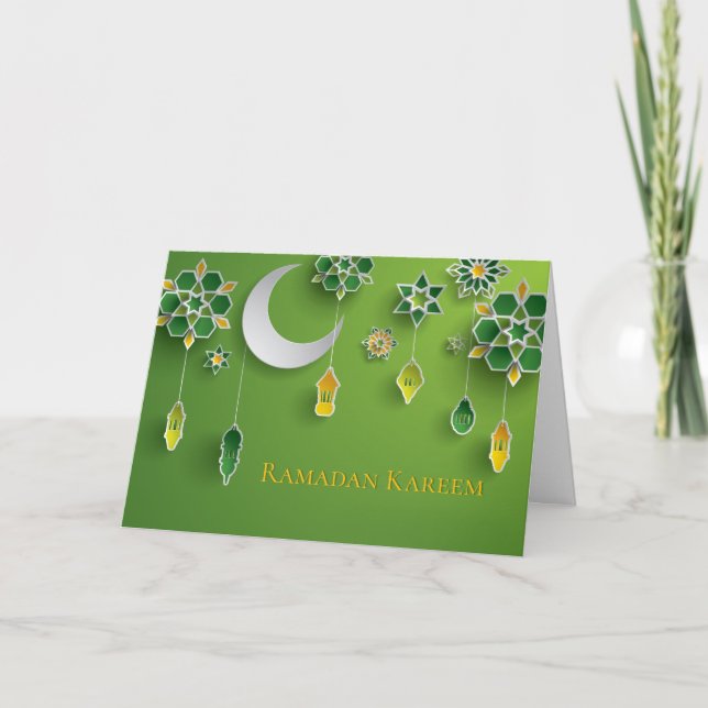 Paper cut Ramadan Lanterns, Moon, Flowers, Green Card (Front)