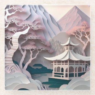 Paper Cutout Landscape with Pavilion Glass Coaster