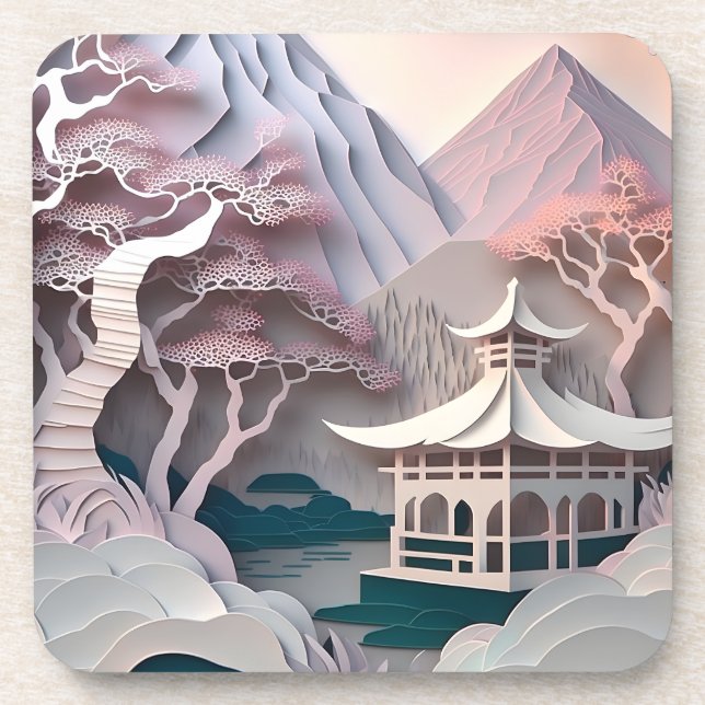 Paper Cutout Pavilion Landscape plastic coaster (Front)