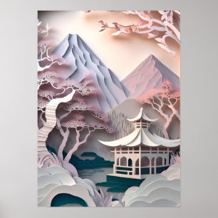 Paper Cutout Pavilion Landscape Poster