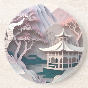 Paper Cutout Pavilion Landscape Sandstone Coaster