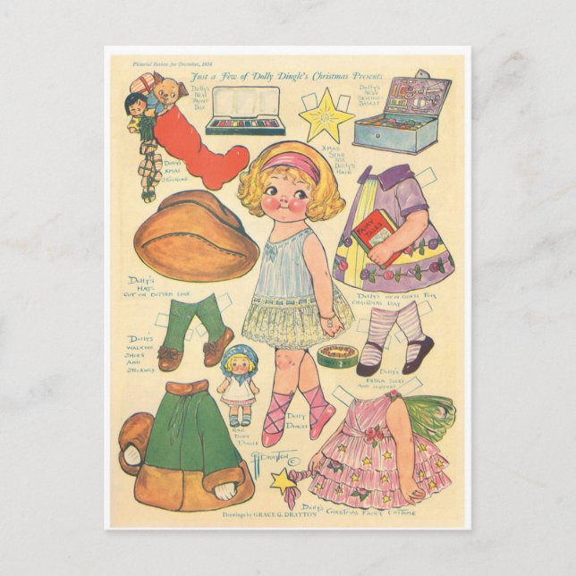 PAPER DOLL DOLLY DINGLE CHRISTMAS POSTCARD (Front)