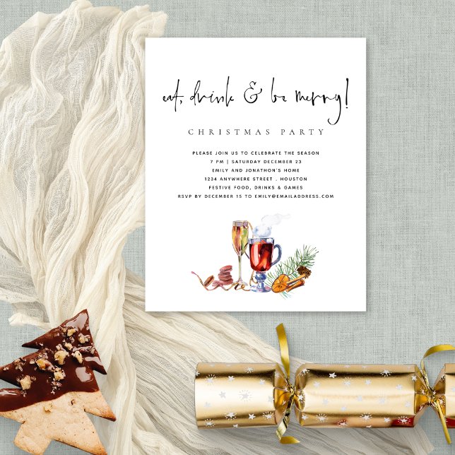 PAPER | Eat Drink Be Merry Christmas Party Invite (Value PAPER not card smaller 4.5 x 5.6 " alternative)