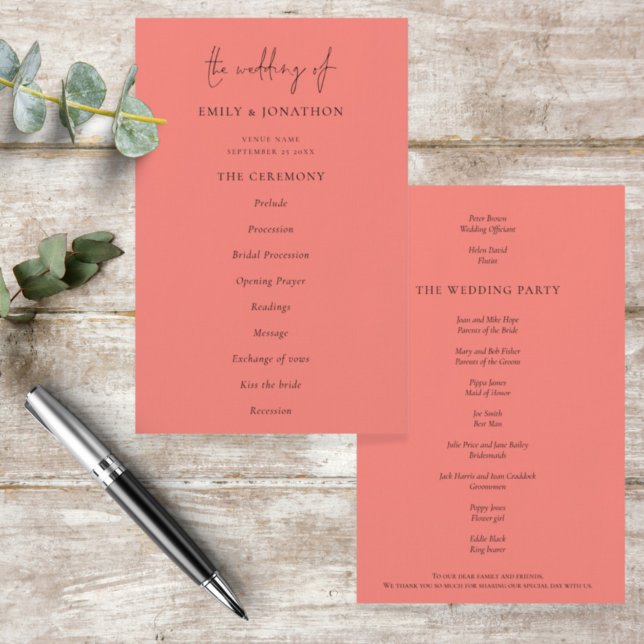 PAPER Elegant Coral Rose Script Wedding Program (Creator Uploaded)