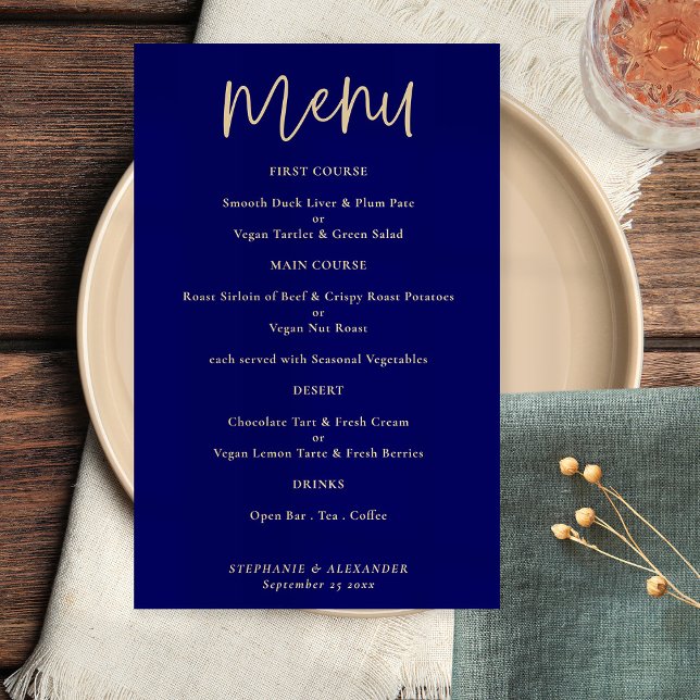 PAPER Elegant Gold Script Navy Blue Wedding Menu (Creator Uploaded)