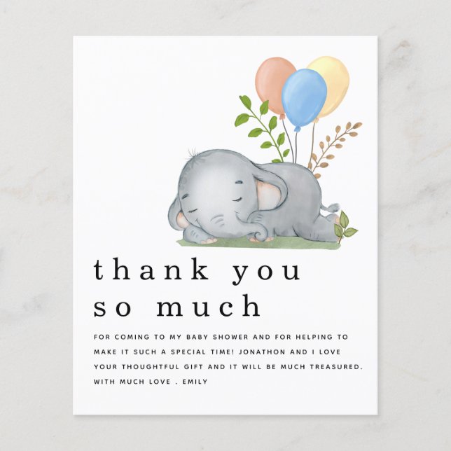 PAPER Elephant Blue Boy Baby Shower Thank You (Front)