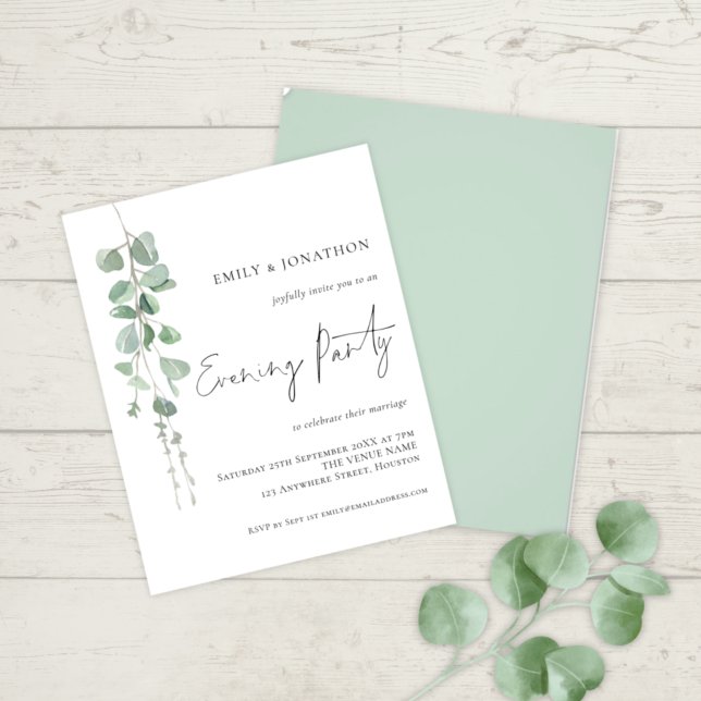 PAPER Eucalyptus Wedding Evening Party Invitation (Front and back view)