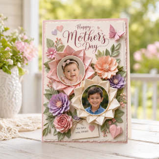 Paper Flower Pink Purple Mother's Day Two Photos Card