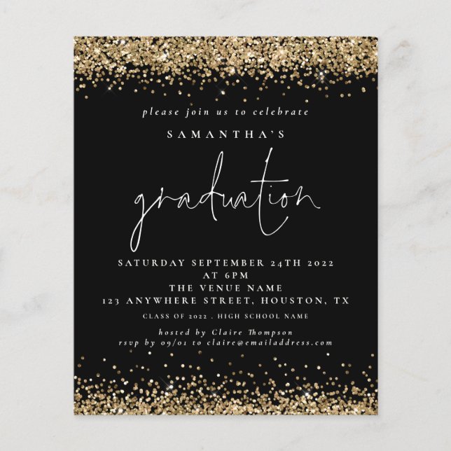 PAPER Gold Glitter 2024 Graduation Black Invite (Front)