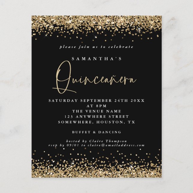 PAPER | Gold Glitter Quinceañera 15th Party Black (Front)