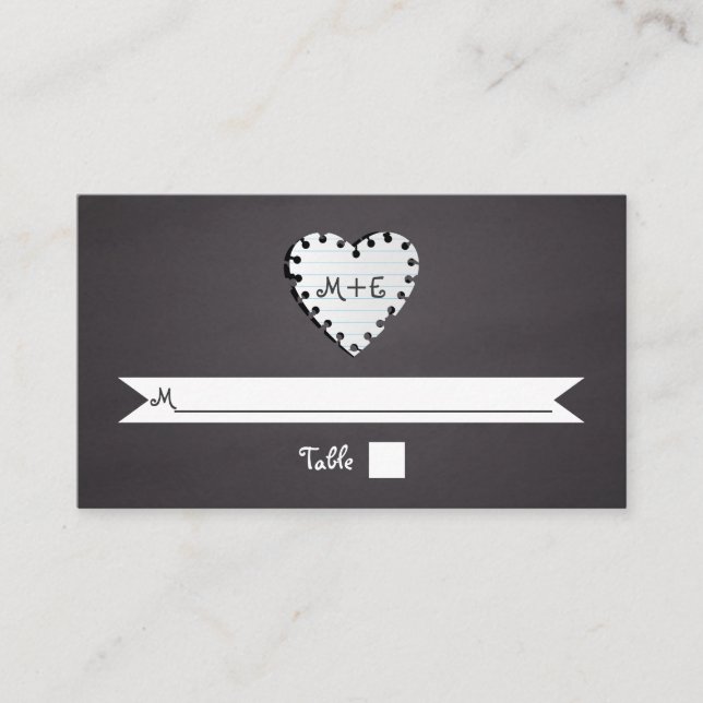 Paper heart chalkboard monogram wedding place card (Front)