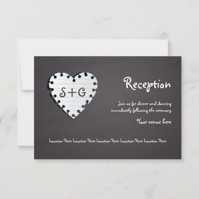 Paper heart chalkboard, monogram wedding reception invitation (Front)