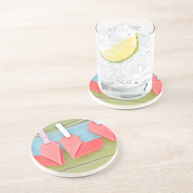 Paper Heart Hanging On The Clothesline Coaster (Side)