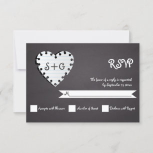 Paper heart on chalkboard & monogram wedding RSVP Card