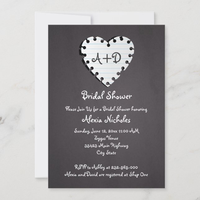 Paper heart on chalkboard wedding bridal shower invitation (Front)
