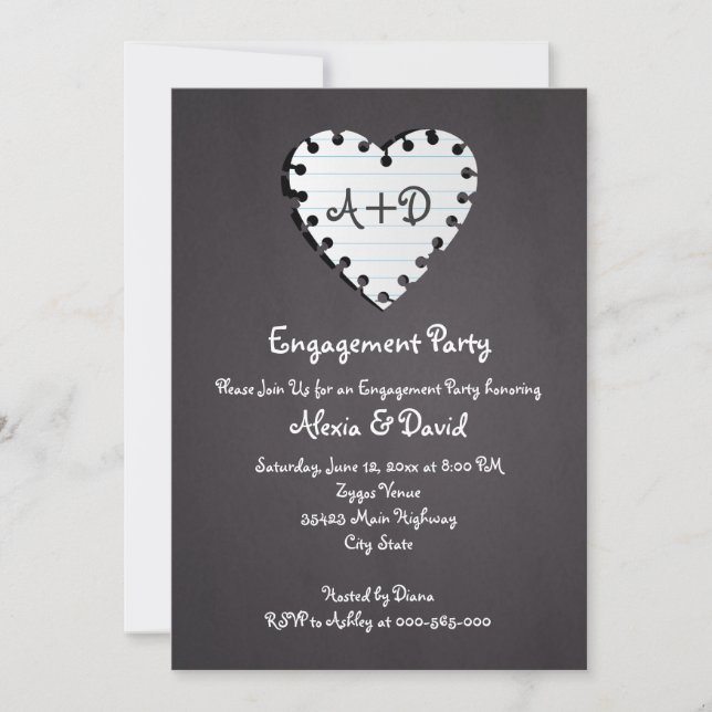 Paper heart on chalkboard wedding engagement party invitation (Front)