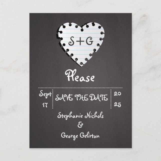 Paper heart on chalkboard wedding Save the Date Announcement Postcard (Front)