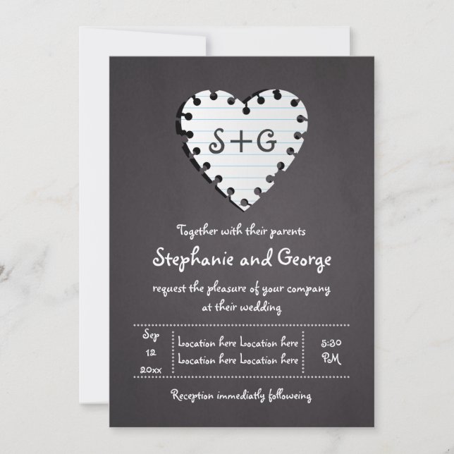 Paper heart on chalkboard with monogram wedding invitation (Front)