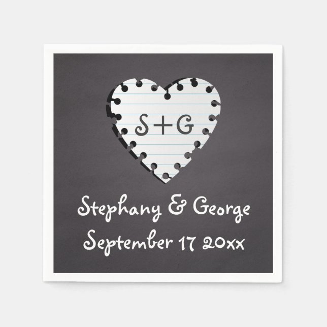 Paper heart on chalkboard with monogram wedding napkin (Front)