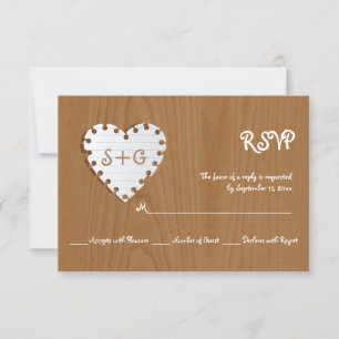 Paper heart on wood with monogram wedding RSVP Card
