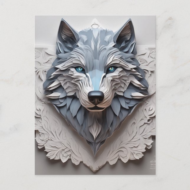 Paper is a 3D volume carving of a wolf's head. The Postcard (Front)