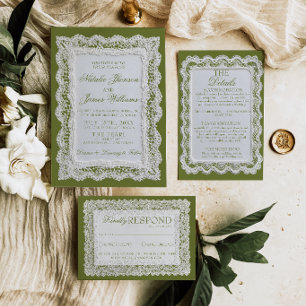 Paper Lace Olive Green Old Money Doily Wedding  Invitation