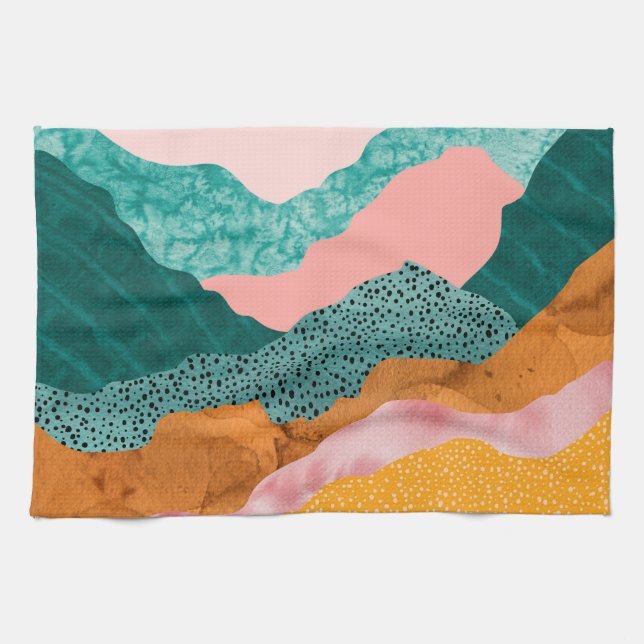 Paper landscape, ripped, torn edges, greens, rust, tea towel (Horizontal)