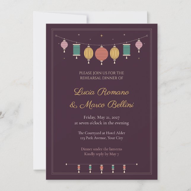 Paper Lantern String Rehearsal Dinner Invitation (Front)