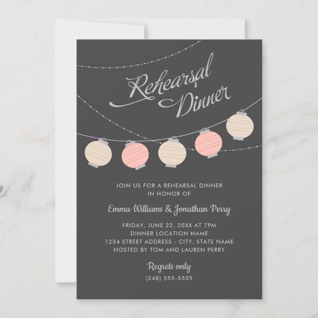 Paper Lanterns Blush Pink Wedding Rehearsal Dinner Invitation (Front)