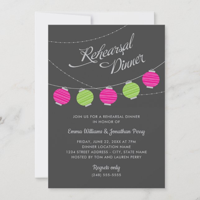 Paper Lanterns Pink Green Wedding Rehearsal Dinner Invitation (Front)
