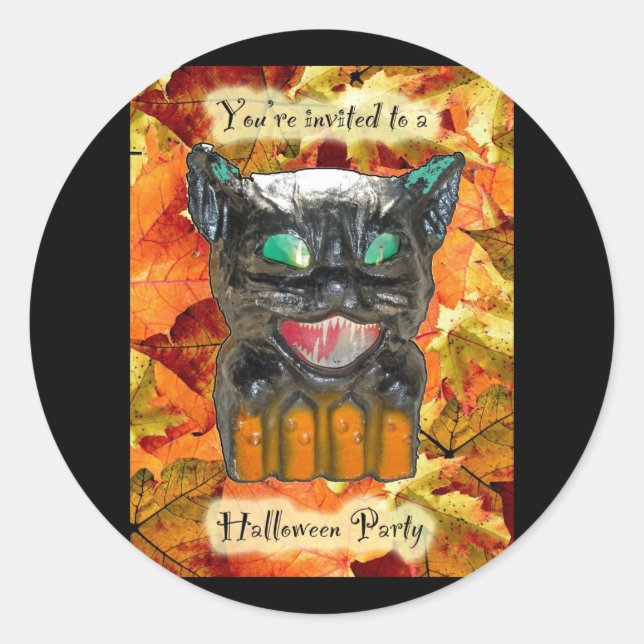 Paper Mache Cat Halloween Party Invitation Sticker (Front)