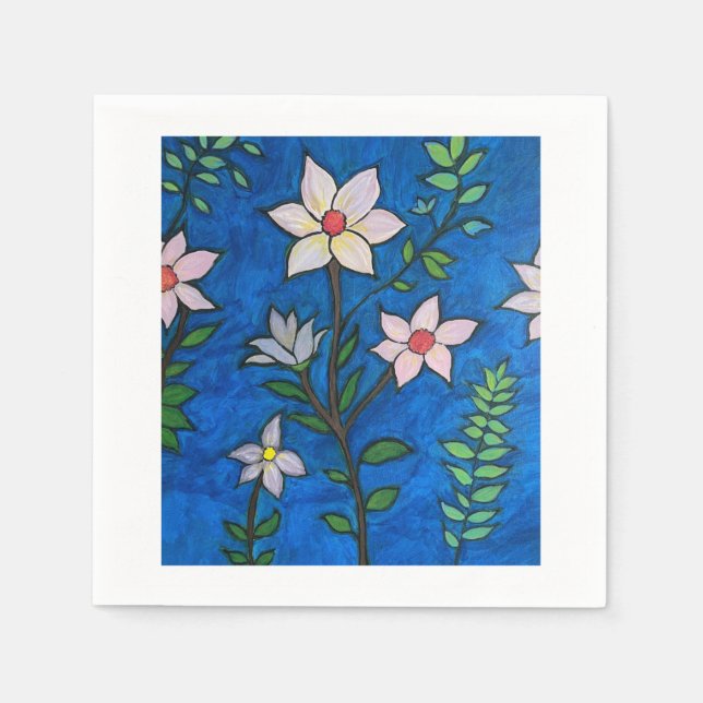 Paper Napkin Set with Flowers on a Blue Background (Front)