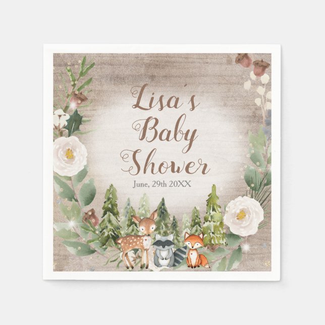 Paper Napkin Winter Woodland Animals White Floral (Front)