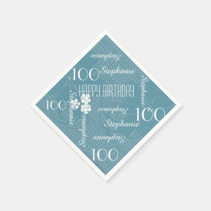 Paper Napkins, 100th Birthday Party, Blue Floral Napkin