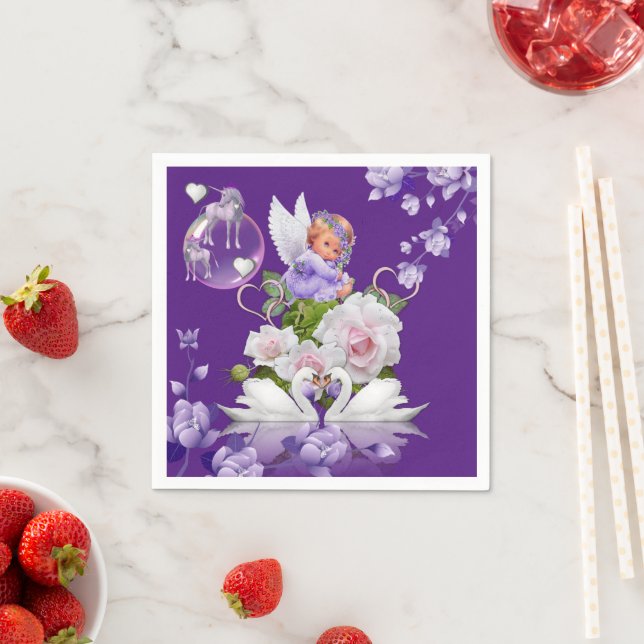 Paper Napkins, Baby Angel Purple Floral Unicorn Napkin (Insitu)