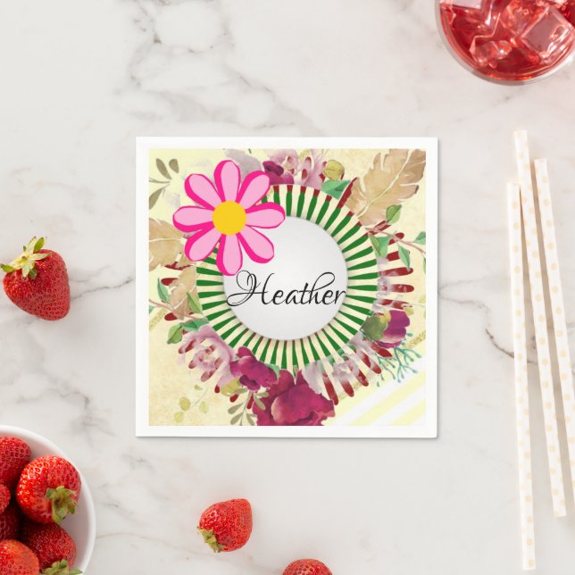 Paper Napkins, Beige Gold Stripe Floral Flowers Napkin (Insitu)