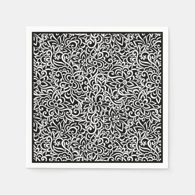 Paper Napkins-Black Damask Floral Napkin (Front)