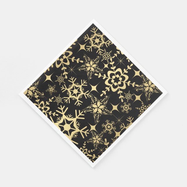 Paper Napkins-Black & Gold Snowflakes Napkin (Corner)