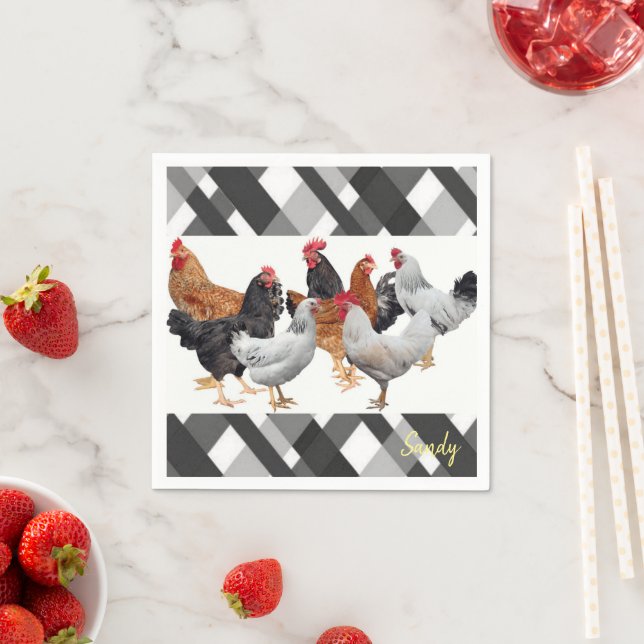 Paper Napkins, Black White Plaid Chickens Napkin (Insitu)