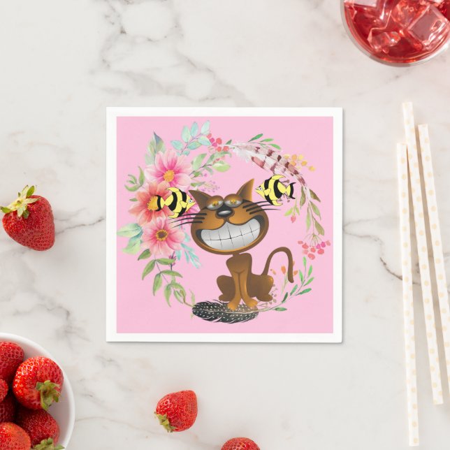Paper Napkins, Cat Fish Floral Pink Napkin (Insitu)