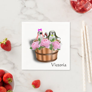 Paper Napkins, Floral Pink Roses Penguin Wine Napkin