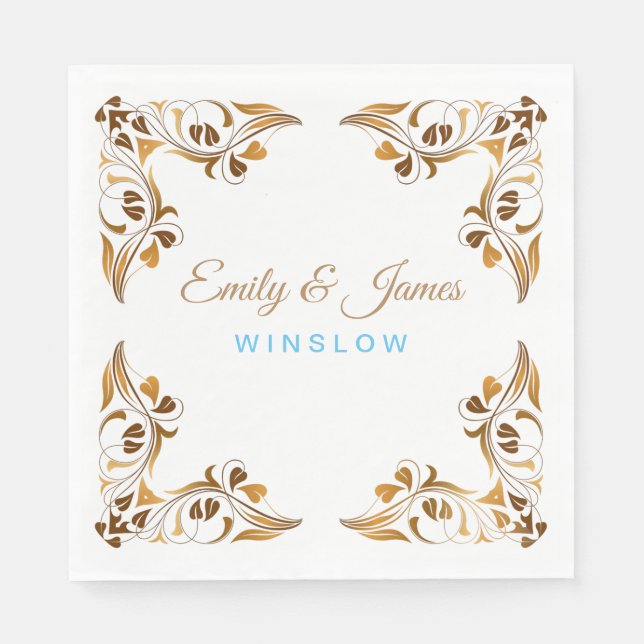 Paper Napkins-Golden Fancy Leaf Borders Napkin (Front)