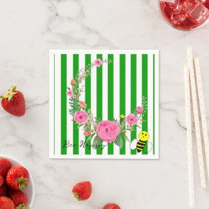 Paper Napkins, Green and White Stripe Bee Happy  Napkin