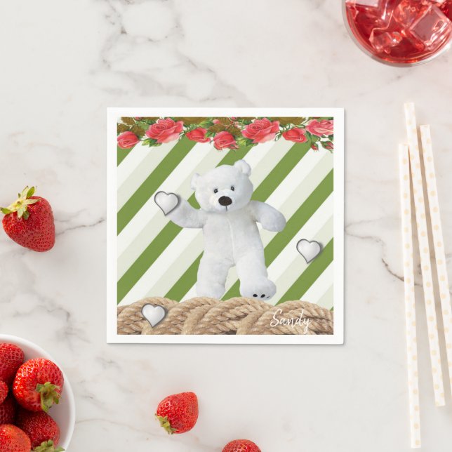Paper Napkins, Green Stripe White Teddy Bear Napkin (Insitu)