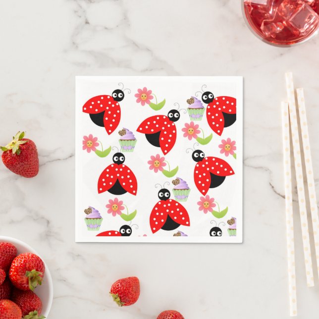 Paper Napkins, Ladybug Pink Flowers Floral Napkin (Insitu)